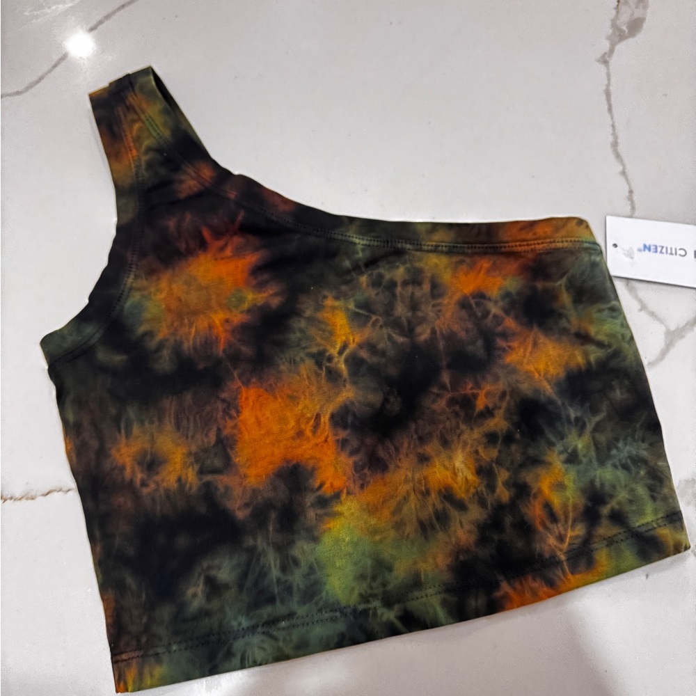 Cotton Citizen Brisbane One-Shoulder Tie-Dye Tank Orange, Green, Black XS, NWT